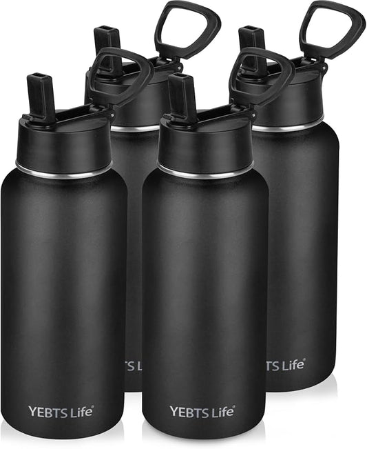 Insulated Water Bottle With Straw,32 oz Vacuum Insulated Stainless Steel Sports Water Flask,Keeps Cold and Hot,Metal Water Bottle Wide Mouth for Gym Travel Camping (Black)