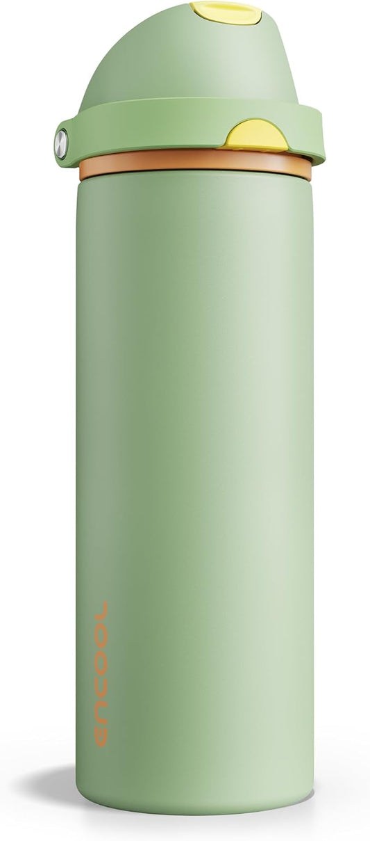 Insulated Water Bottle with Straw - Encool Stainless Steel Water Bottle with Push Button Lid, Leak-Proof & BPA-Free, Keeps Cold for 24 Hours for Sports, Travel, Gym (24 oz, Lichen-Yellow)