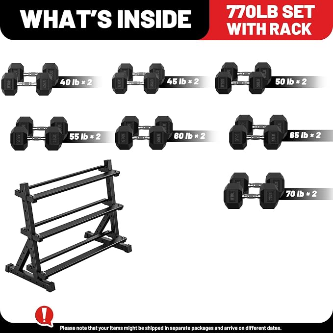 PAPABABE Dumbbell Set with Rack, 540-850lb, Rubber Encased, Home Gym | Complete & Durable Cast Iron Core Odorless PVC Antiroll Hex Shape Ergonomic Chrome Handle Versatile Home Gym