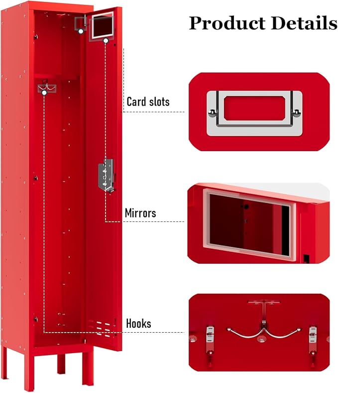 BUTISOW Metal Storage Locker with Lock & Card Slot Locker - Secure Lockable Door - Steel Locker for School, Office, Gym, Home - 66.15" H x 11.8" W x 11.8" D（1 Door, Red）
