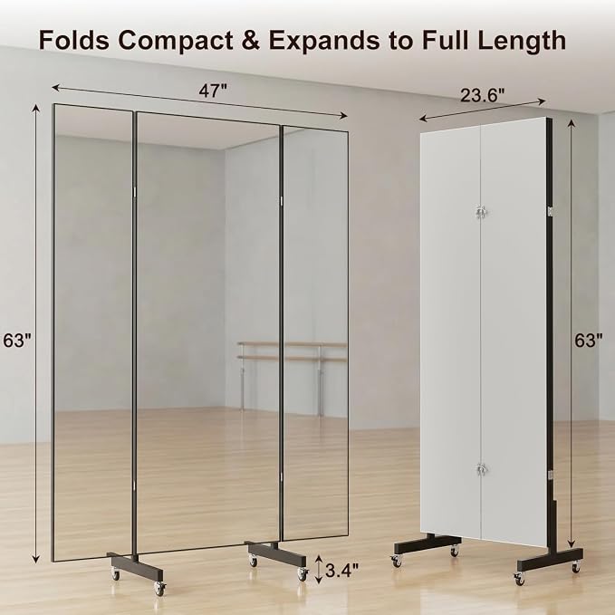 Full Length Mirror with 360° Wheels, 47" x 63" Foldable Floor Mirror with Nano-Tech Shatterproof Film - Ultra-Large Mobile Mirror for Home Gym, Dance Studio & Commercial Spaces (Black)