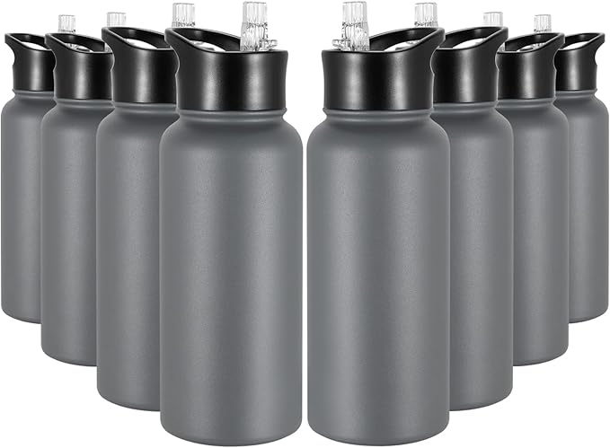 32 oz Insulated Water Bottle Bulk 8 Pack, Stainless Steel Sports Water Bottles with Straw Lid & Wide Mouth Lids, Double Walled Vacuum, Leak Proof, Gray