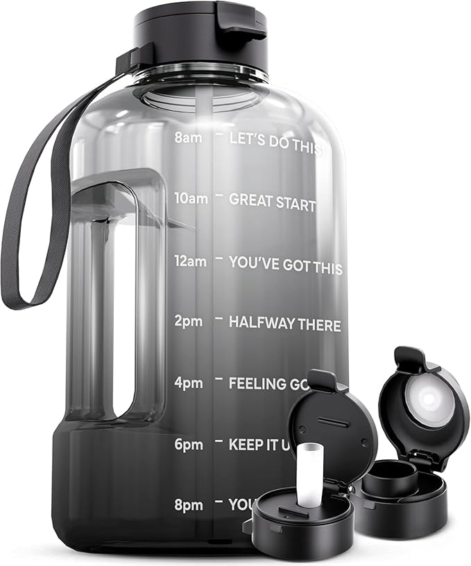 AQUAFIT 1 Gallon Water Bottle with Motivational Quotes | BPA Free 1 Gallon Water Bottle with Straw and Chug Lids - Leakproof Gym Water Bottle with Carry Handle (Midnight Gray)