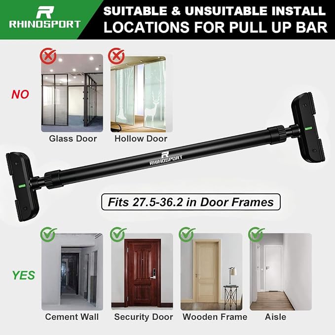 RHINOSPORT Door Pull Up Bar Doorway No-Screw from 69-92 cm (27.1in-36.2in) Workout Equipment for Home Gym Upper Body Workout Non-slip 2x EXTRA Foam Padding for Ultimate Door Frame Protection