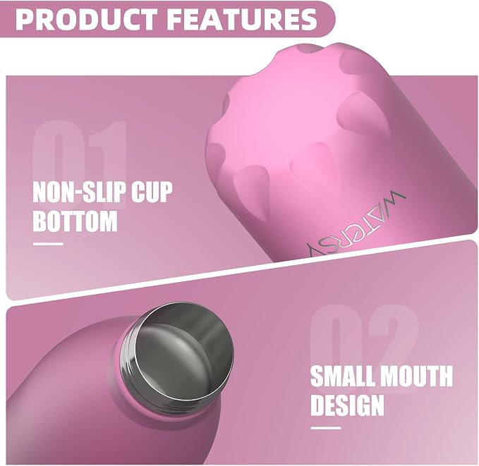 WATERSY Stainless Steel water bottles,17oz/500ml Insulated Water Bottle | Gloss Pink metal water bottle Keeps Drink Cold and Hot,BPA Free kids water bottles for School,Gym,Travel,Sports