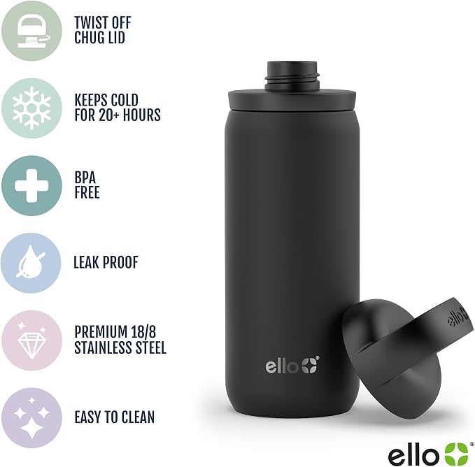 Ello Cooper Twist 18oz Insulated Stainless Steel Kids Water Bottle, Gray | Leakproof kids water bottle with chug lid and carry loop. BPA-free, keeps drinks cold 23 hours, backpack friendly for school.