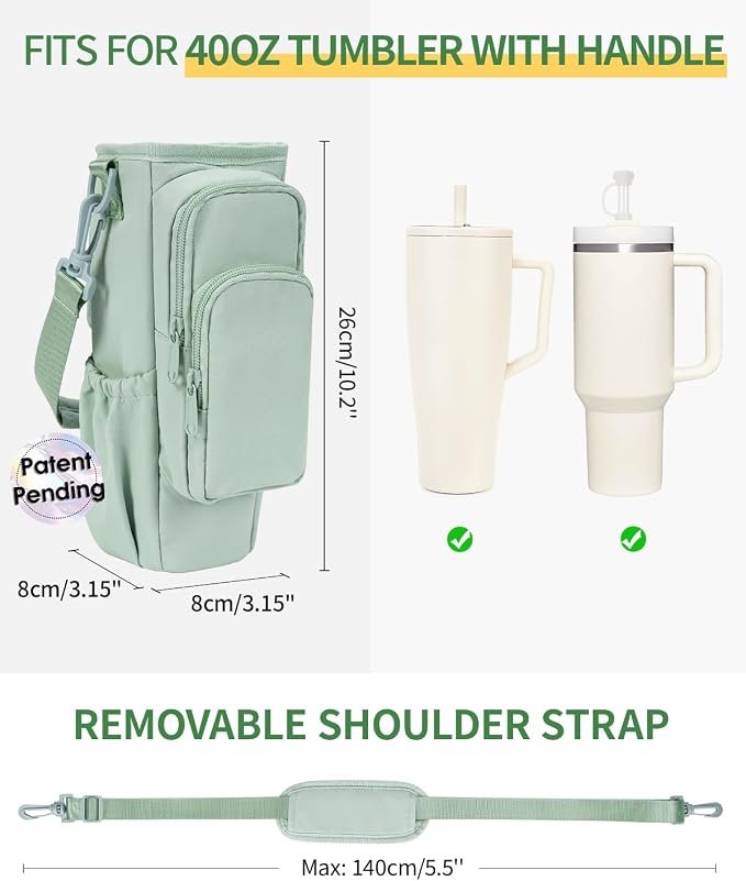 sportsnew 30/40oz Crossbody Water Bottle Holder Anti-Tip Tumbler Carrier | Lightweight Bottle Sling Fits Handled Tumbler w/ Phone Pocket, Adjustable Strap, Insulated Lining, Hands-free for Hiking Gym