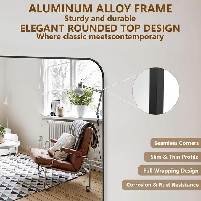 Koonmi Full Length Mirror, 71"x28" Mirror Full Length with Stand | Domed Top Square-Edged ShatterProof Floor Mirror with Black Aluminum Alloy Frame for Bedroom Living Room Home Gym
