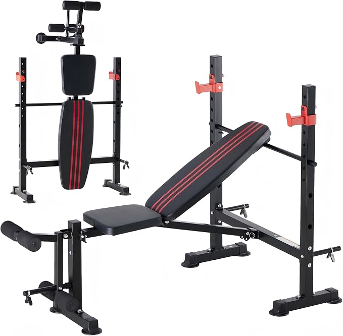 DUMOS Adjustable Weight Bench Set with Rack, 650LBS Foldable Bench Press | Easy Assembly Workout Set with Leg Extension Curl, for Indoor Exercise Home Gym