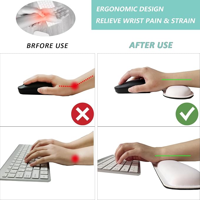 Keyboard Wrist Rest Mouse Wrist Support Set, Memory Foam Wrist Rest Pad for Computer Laptop Keyboard Mouse, Ergonomic Wrist Cushion Support for Typing Pain Relief, Gaming Home Office, White