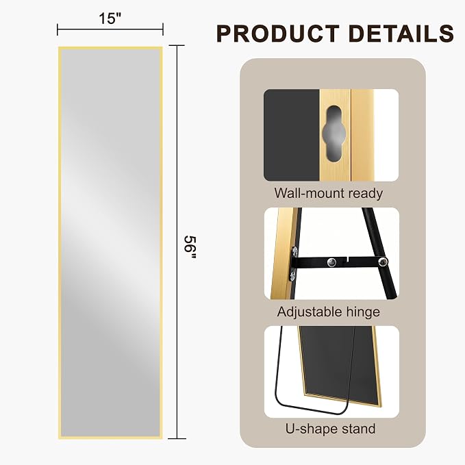 FICTOR Full Length Mirror with Stand, Floor Standing Mirror, 56"x15", Gold | HD Shatterproof Glass, Free-Standing or Wall-Mounted, Full Body Mirror for Bedroom, Living Room, Dressing Room, Entryway