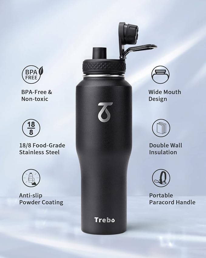 Trebo 32 oz Water Bottle Insulated Fits in Any Car Cup Holder with 2 Lids | Stainless Steel T-shape Tumbler with Paracord Handle, Triple Wall Vacuum Copper Plated, Cold 48 Hrs for Travel, Leakproof