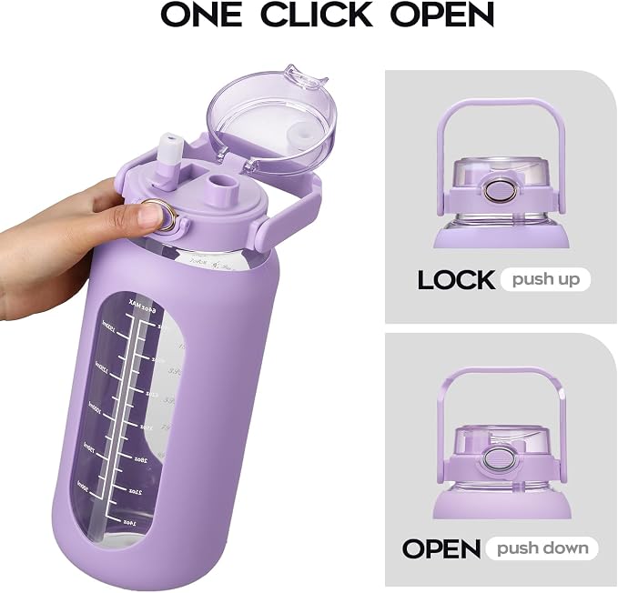 chunmo 74 oz Glass Water Bolttles with Straw Large Motivational Water Bottle with Time Marker Sports Water Bottles with Silicone Sleeve and Handle Lid 2.2L Water Jug for Gym Workout