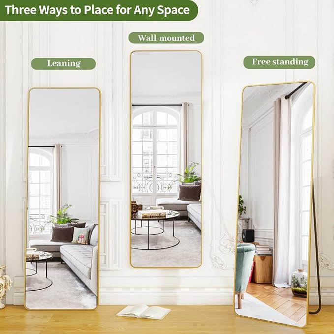 BEAUTYPEAK 59" x 16" Rounded Corner Full Length Mirror with Stand, Gold | Aluminum Alloy Frame with Standing, Leaning, or Wall-Mounted, Ideal for Bedroom, Dressing Room, Entryway, and Living Room