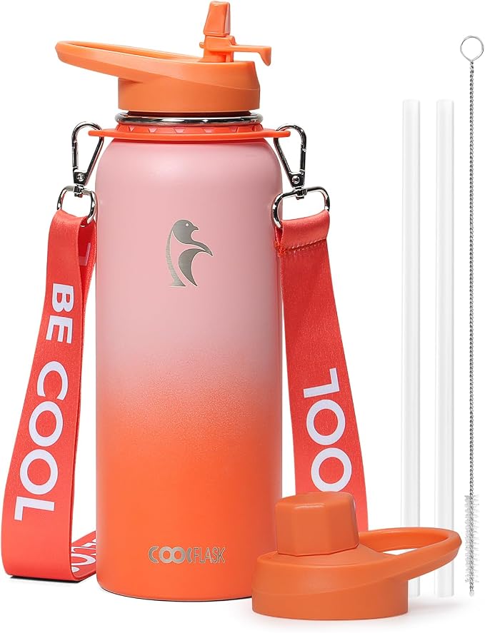 Coolflask 40 oz Water Bottle Insulated Stainless Steel with Strap | Metal Water Flask with Straw & Spout Lids, Triple-Wall, Cold 48+h, Dishwasher Safe, Leakproof, BPA-Free, for Gym & Hiking