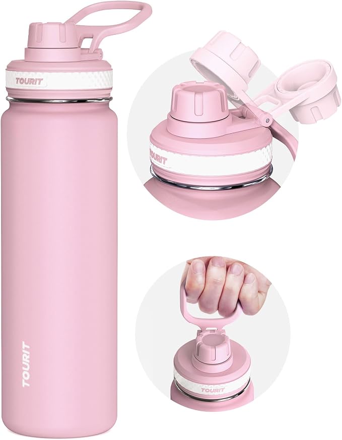 TOURIT 24 oz Insulated Stainless Steel Water Bottle, Pink | Double-wall vacuum thermal flask with top handle, leakproof & BPA-free design for sports, gym, hiking & travel use
