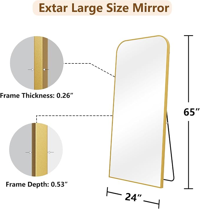 Koonmi Full Length Mirror, 65"x24" Mirror Full Length with Stand | Domed Top Square-Edged ShatterProof Floor Mirror with Gold Aluminum Alloy Frame for Bedroom Living Room Home Gym
