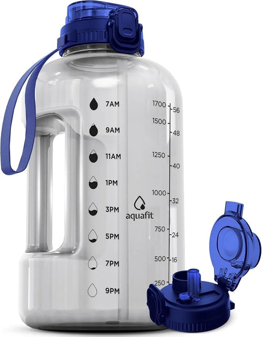 AQUAFIT 64 oz Water Bottle with Time Marker, 2in1 Lid | BPA Free Half Gallon Water Bottle with 2in1 Straw and Chug Lid - Leakproof Gym Water Bottle with Carry Handle (Clarity)