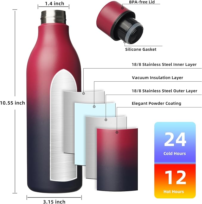 BJPKPK 25oz Insulated Water Bottle, Stainless Steel Bottle with Carry Strap | Keep Cold & Hot Vacuum Insulation, Leak-Proof BPA-Free Design, Slim Bottle Fits Most Cup Holders for Gym, Office & Travel