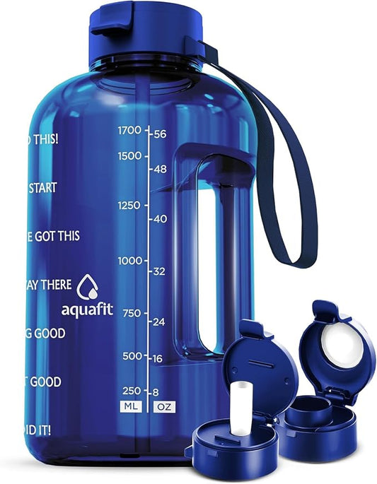 AQUAFIT Half Gallon Water Bottle with Motivational Quotes | BPA Free 64 oz Water Bottle with Straw and Chug Lids - Leakproof Gym Water Bottle with Carry Handle (Blue)