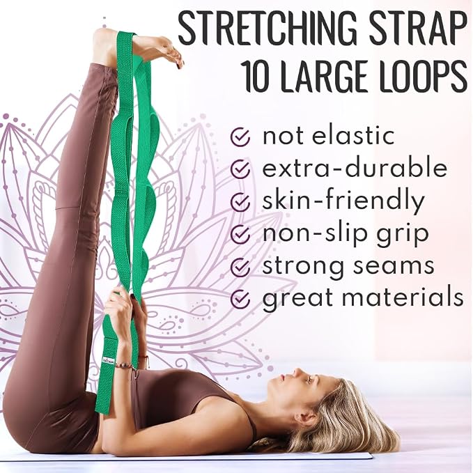 TECEUM Stretching Strap with 10 Loops for Physical Therapy & Rehab | Non-Elastic Yoga Stretch Band for Hamstring, Leg, Hip & Knee Rehab, Pilates, Flexibility & Mobility Exercises for Men & Women