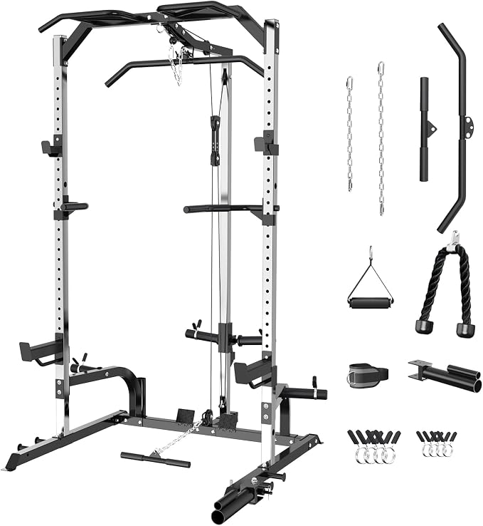 Power Cage Power Rack with LAT Pulldown Workout Cage Dip Handles Cable Pulley SystemSquat Rack for Home Gym
