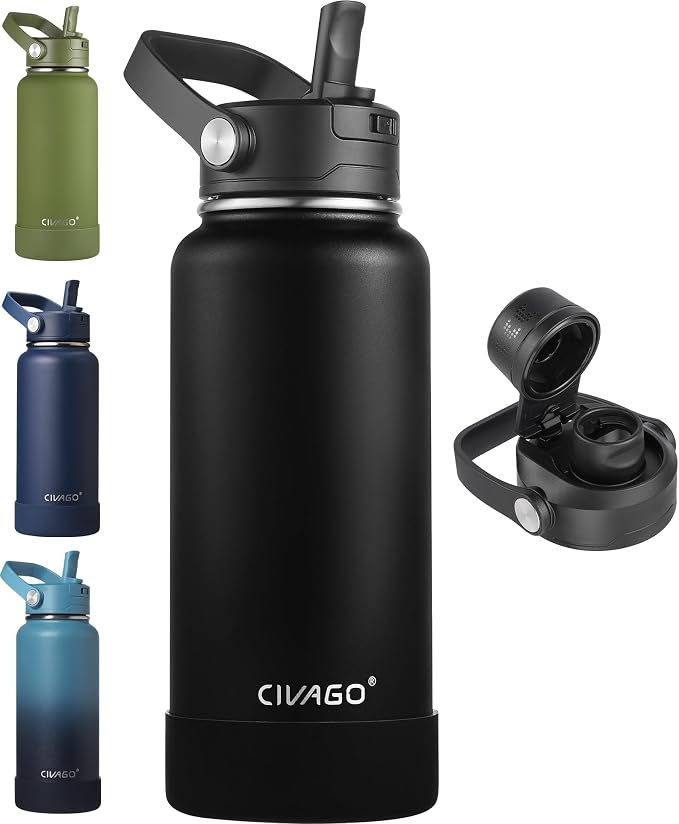 CIVAGO 32 oz Insulated Stainless Steel Water Bottle with Removable Straw | Large Leakproof Metal Water Jug, Sports Thermal Flask Cup with Bucket Handle, Silicone Boot, Dishwasher Safe, BPA-Free, Black