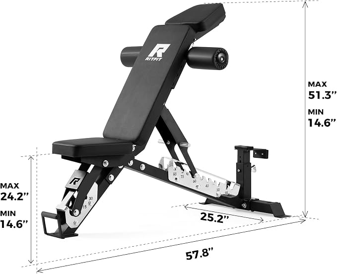 RitFit Adjustable/Foldable Utility Weight Bench for Home Gym | Incline Decline Flat, Multi-Position Backrest & Seat, Full Body Strength Training with Heavy Duty Steel Frame, Foldable