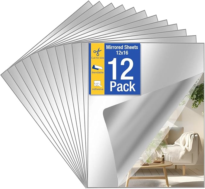 12Pack Acrylic Flexible Mirror Sheets, 12x16 Inch Shatterproof Flexible Stick on Mirrors for Wall Self-Adhesive Sticker for Bedroom, Door, Bathroom, and Dance Studio Installation