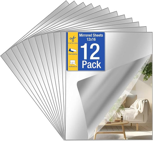 12Pack Acrylic Flexible Mirror Sheets, 12x16 Inch Shatterproof Flexible Stick on Mirrors for Wall Self-Adhesive Sticker for Bedroom, Door, Bathroom, and Dance Studio Installation