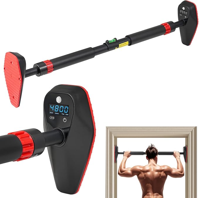 Pull Up Bar for Doorway, Door Frame Chin Up Bar without Screw Exercise Bars for Home Workouts Strength Training Adjustable Pull-up Bars with Smart Count/Timer/Calorie Tracker Home Gym Equipment Indoor, 29''-38'' Width