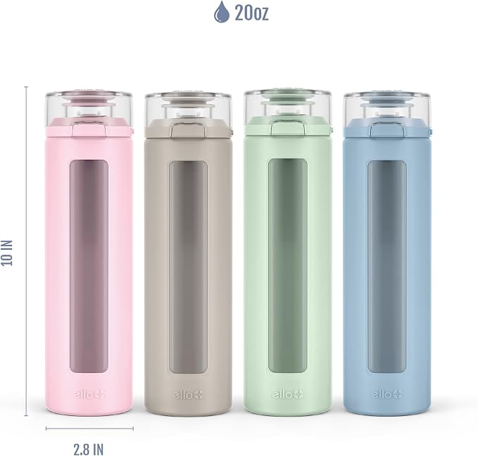 Ello Syndicate 20oz Glass Water Bottle with Flip Lid and Sleeve, Sand | Glass water bottle for iced drinks with leakproof flip lid, silicone sleeve, carry loop, BPA-free, and dishwasher safe