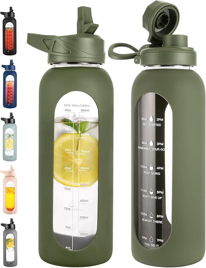 CIVAGO 40 oz Glass Water Bottle with Straw, Large Motivational Water Jug | Time Marker, 2 Leakproof Lids, Wide Mouth, Water Flask Cup with Handle and Silicone Sleeve, for Gym, Sports, Juices, Army