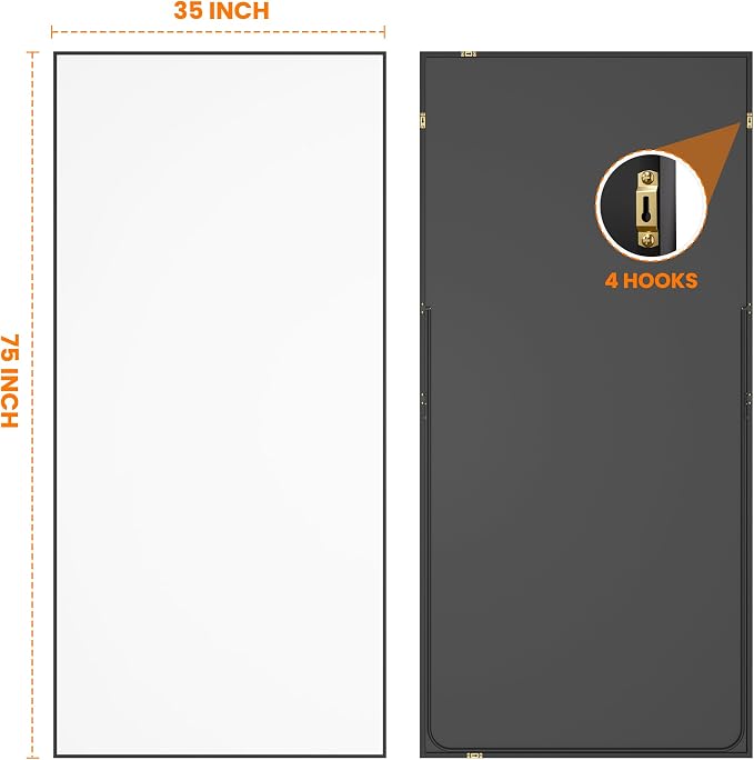 TRAHOME Full Length Mirror, 75"x35" Standing Floor Full Body Mirror for Wall with Aluminum Alloy Frame for Bedroom, Living Room, Dressing Room(Black)