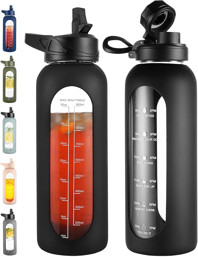 CIVAGO 40 oz Glass Water Bottle with Straw, Large Motivational Water Jug | Time Marker, 2 Leakproof Lids, Wide Mouth, Water Flask Cup with Handle and Silicone Sleeve, for Gym, Sports, Juices, Black