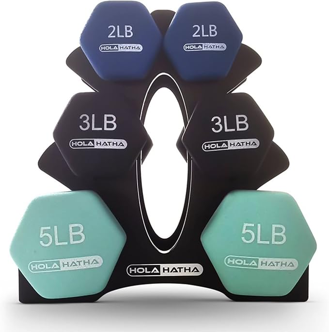HolaHatha 1, 2 and 3 lb Neoprene Dumbbell Strength Training Weight Set with Rack