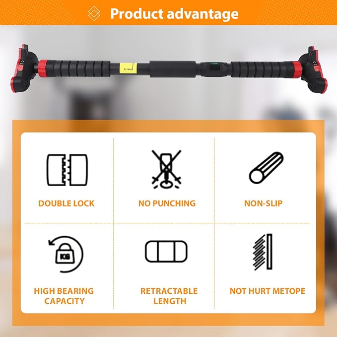 Adjustable Pull Up Bar for Doorway - 440LBS Weight Capacity, No Screws Installation with Level Meter and Auto Lock, Chin Up Bar for Home Gym Strength Training,Red Triple