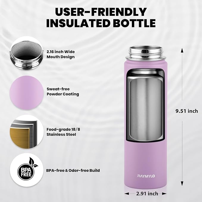 RAYMYLO Insulated Water Bottle 20 oz, Triple Wall Vacuum Stainless Steel | (Cold for 24Hrs, Hot for 12Hrs), Leak Proof & Non-BPA, Modern Water Bottle Jug for School with Straw Spout Lids