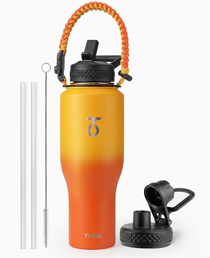 Trebo 40 oz Water Bottle Insulated Fit in Any Car Cup Holder with 2 Lids | Stainless Steel T-shape Tumbler with Paracord Handle, Triple Wall Vacuum Copper Plated, Cold 48 Hrs for Travel, Wide Mouth