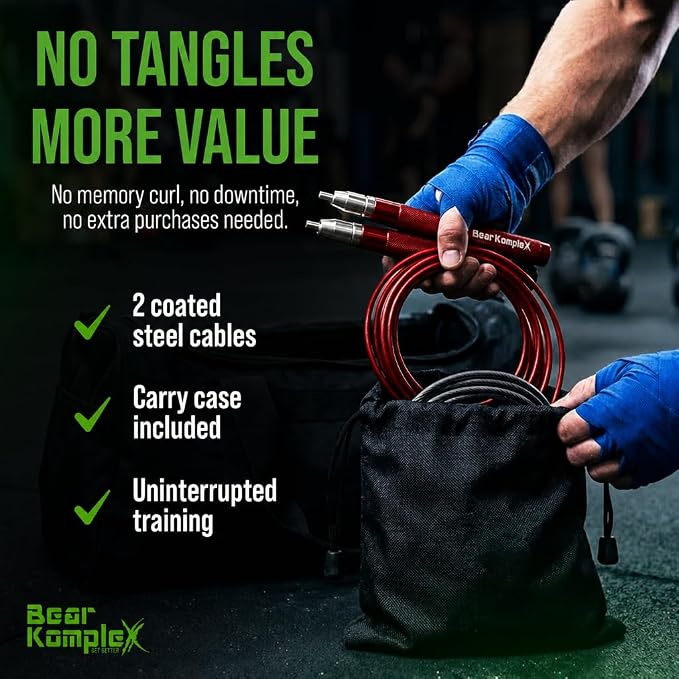 Bear KompleX Speed Jump Rope - Adjustable Tangle-Free Skipping Rope, Lightweight Handles, Smooth 360° Swivel Bearings, 2 Steel Cables, Free Carrying Case