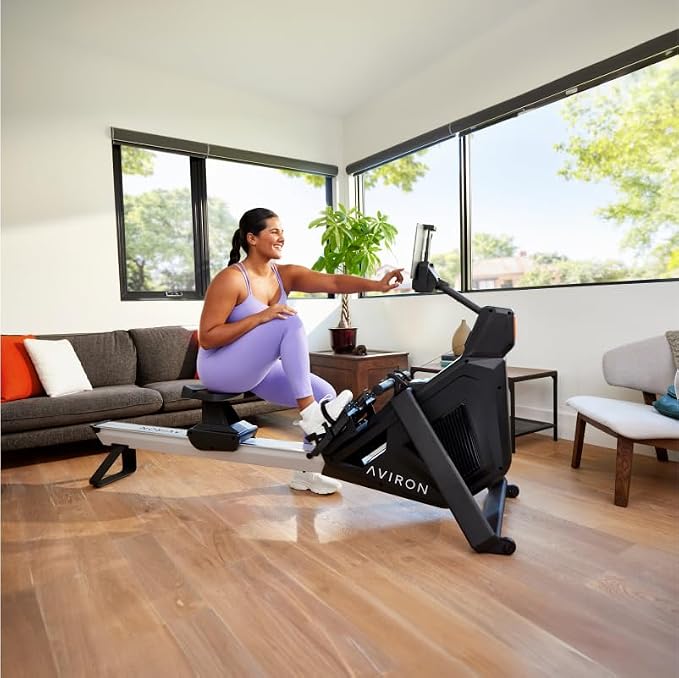 StrongGo Rowing Machine -Compatible with iPad—Dual Air & Magnetic Resistance Up to 100 lbs | Game-Based Workouts, Compact Storage Design