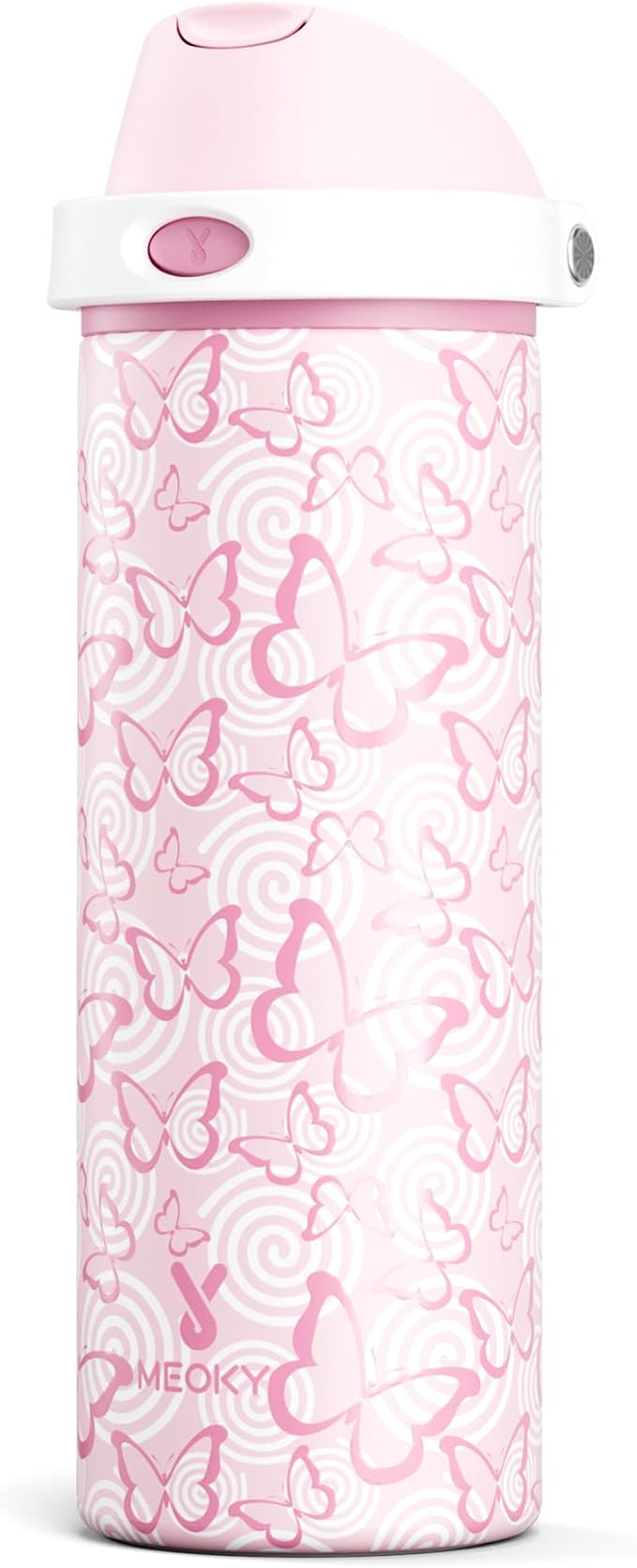 24 oz Insulated Water Bottle with Straw: Meoky Stainless Steel Metal Water Bottle with 2-in-1 Lid - Leak Proof, Cold for 24 Hours, Protective Silicone Base, BPA-Free for Sports Travel Car, Butterfly