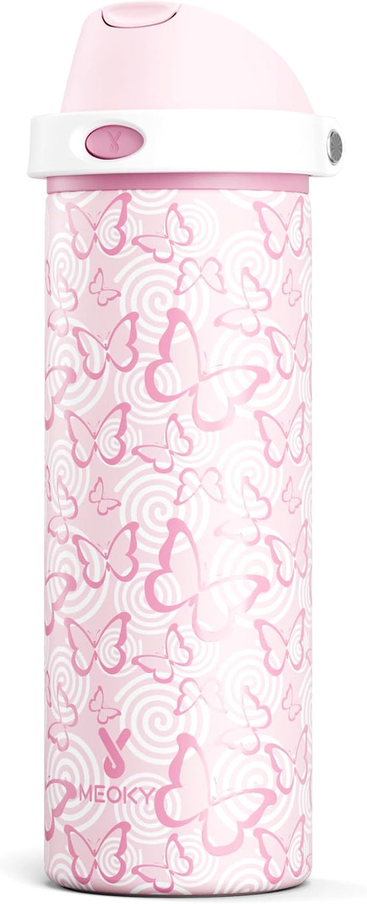 24 oz Insulated Water Bottle with Straw: Meoky Stainless Steel Metal Water Bottle with 2-in-1 Lid - Leak Proof, Cold for 24 Hours, Protective Silicone Base, BPA-Free for Sports Travel Car, Butterfly