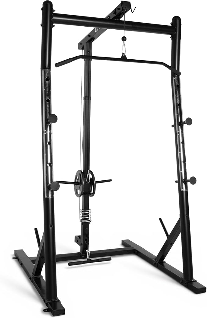 CAP Barbell Power Cage with High-Low Pulleys – Heavy-Duty Power Rack for Home Gym – Adjustable Gym Rack & Weight Cage with Pull Up Bar, Dip Station, and Plate Storage