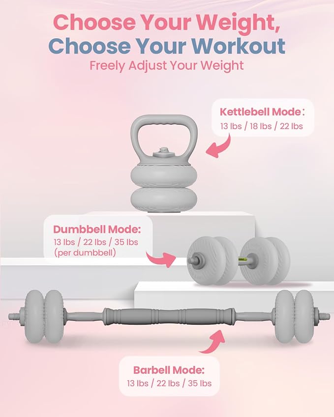 kisnbld Adjustable Dumbbell Set, 35/45/62LBS SoftShell Weight Set with Connector 4-IN-1 Dumbbell Set Used as to Barbell & Kettlebell for Home Gym, Fitness Exercise for Men Women Beginners
