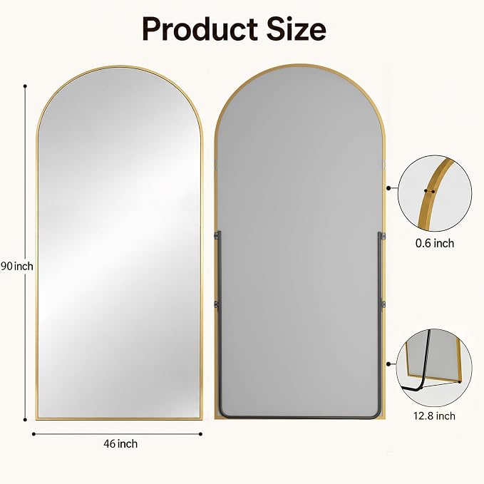 Antok Full Length Mirror, 90"x46" Floor Mirror with Stand, Hanging Mounted Mirrors for Bedroom, Living Room, Cloakroom, Dining Room, Gold, Arched