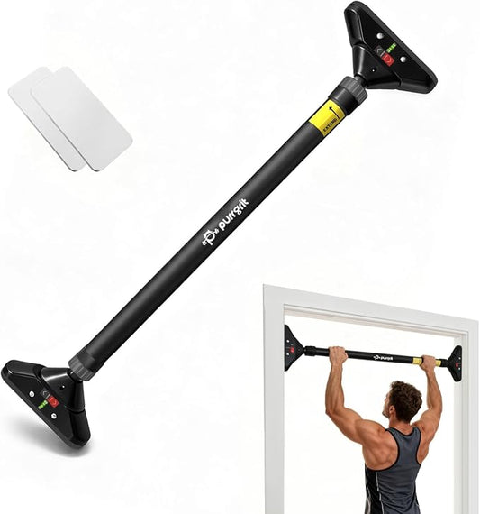 Adjustable Doorway Pull Up Bar No-Screw 440lbs | Fits 29.1-37.4in (74-95cm) door frames with 360° lock & foam pads + 2 spare pads. Home chin-up