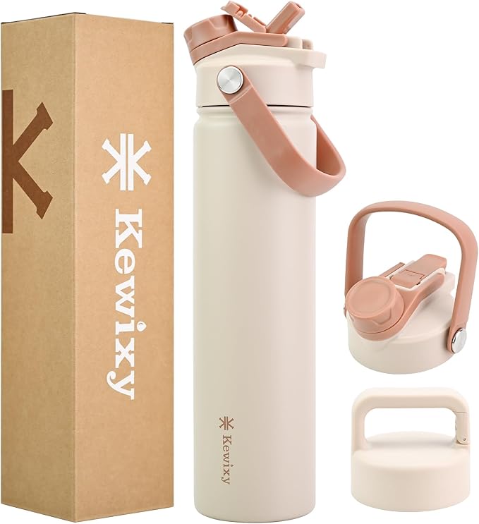 24 oz Insulated Water Bottle, 2-in-1 Lid, Straw & Spout with Protected, Leak Proof, Keep Cold 24H, Cup Holder Fit, Stainless Steel, Metal, Reusable, for Travel, Gym and School, 2 Lids, Mousse