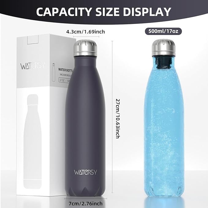 WATERSY Stainless Steel water bottles,17oz/500ml Insulated Water Bottle | Dark Purple metal water bottle Keeps Drink Cold and Hot,BPA Free kids water bottles for School,Gym,Travel,Sports