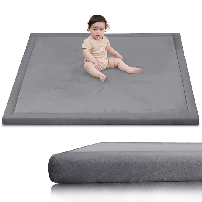 Ultra Soft Baby Play Mat for Floor,1.3" Thick Elasti-Foam 47x47 Play Mat for Playpen,Water-Repellent Coral Velvet for Tummy Time, Non-Slip Backing Safe for Toddlers & Infants(Dark Grey)
